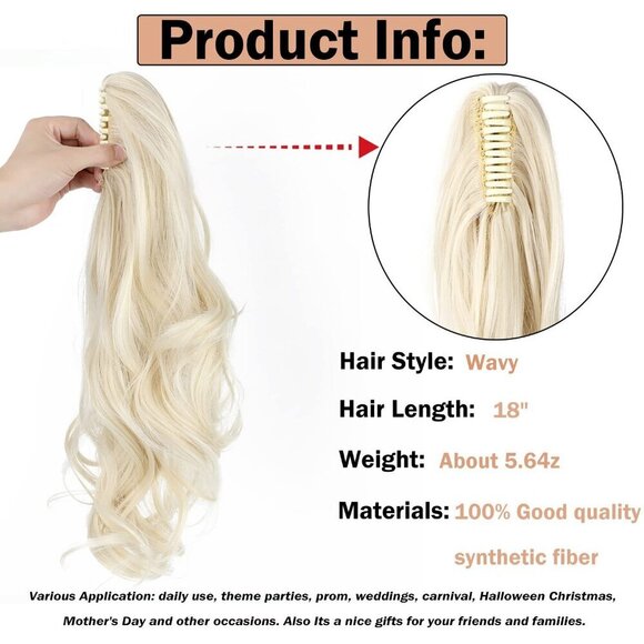 Claw Clip Ponytail Extension Synthetic 18 Inch Wavy Blonde Hairpiece for Women main image 6